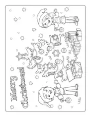 Free Download PDF Books, Christmas Tree Girl Boy Decorating Tree Merry Christmas Coloring Template