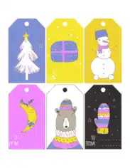Free Download PDF Books, Christmas Tags Bright Winter Purple Yellow Blue Bear Mittens Moon Tree Snowman Gift Coloring Template