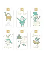 Christmas Tags Gold Blue Hand Drawn Deer Santa Snowman Rabbit Mittens Bells Coloring Template