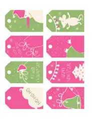 Free Download PDF Books, Christmas Tags Pink Green Bells Santa Gifts Tree Mouse Snowman Baubles Coloring Template