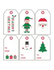 Free Download PDF Books, Christmas Tags Red Green Clipart Style Snowman Tree Elf Santa Gifts Coloring Template