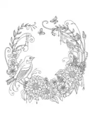 Free Download PDF Books, Flower Beautiful Detailed Bird Flower Wreath Coloring Template