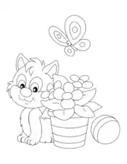 Free Download PDF Books, Flower Cute Cat Flower Pot Butterfly Coloring Template