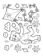 Boy Running Through Leaves Flying Kite Autumn and Fall Coloring Template