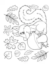 Squirrel With Mushroom Falling Leaves Autumn and Fall Coloring Template