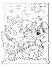 Free Download PDF Books, Halloween Cute Unicorn Pumpkin Cart Castle Coloring Template