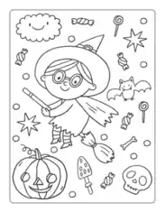 Halloween Girl Witch Flying Treats Coloring Template