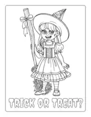 Halloween Girl Witches Costume Broomstick Coloring Template