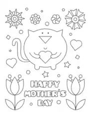 Free Download PDF Books, Mothers Day Cat Heart Flowers Coloring Template
