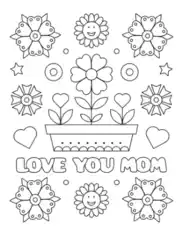 Mothers Day Love You Mom Flowers In Pot Hearts Coloring Template