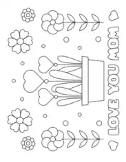 Mothers Day Love You Mom Heart Flowers Pot Coloring Template