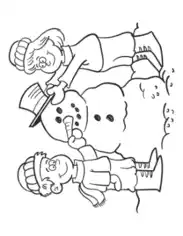 Snowman Boy Girl Building Snowman Sketch Template