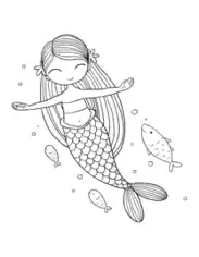 Free Download PDF Books, Mermaid Cute Floating Fish Coloring Template