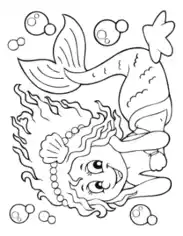 Mermaid Cute Swimming With Bubbles Coloring Template