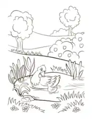 Free Download PDF Books, Mother Duck Duckling Pond Spring Coloring Template