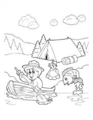 Boy Camping Lake Fish Summer Coloring Template