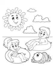 Children Tube Float Sea Summer Coloring Template
