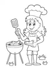 Girl Barbecue Grill Summer Coloring Template