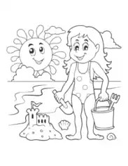 Free Download PDF Books, Girl Sandcastle Beach Summer Coloring Template