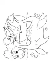 Free Download PDF Books, Cartoon Plesiosaurus Swimming With Flying Dinosaur Coloring Template