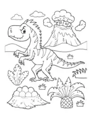 Prehistoric Feathered Dinosaur Erupting Volcano Dinosaur Coloring Template