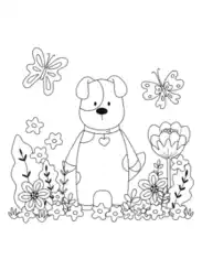Free Download PDF Books, Garden Butterflies Flowers Cute Puppy Dog Coloring Template
