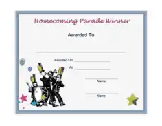 Homecoming Parade Winner Award Certificate Template