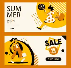 Summer Sale Banners Dynamic Shoppers Sketch Cartoon Design Free Vector