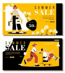 Summer Sale Banners Shoppers Sketch Colorful Cartoon Design Free Vector